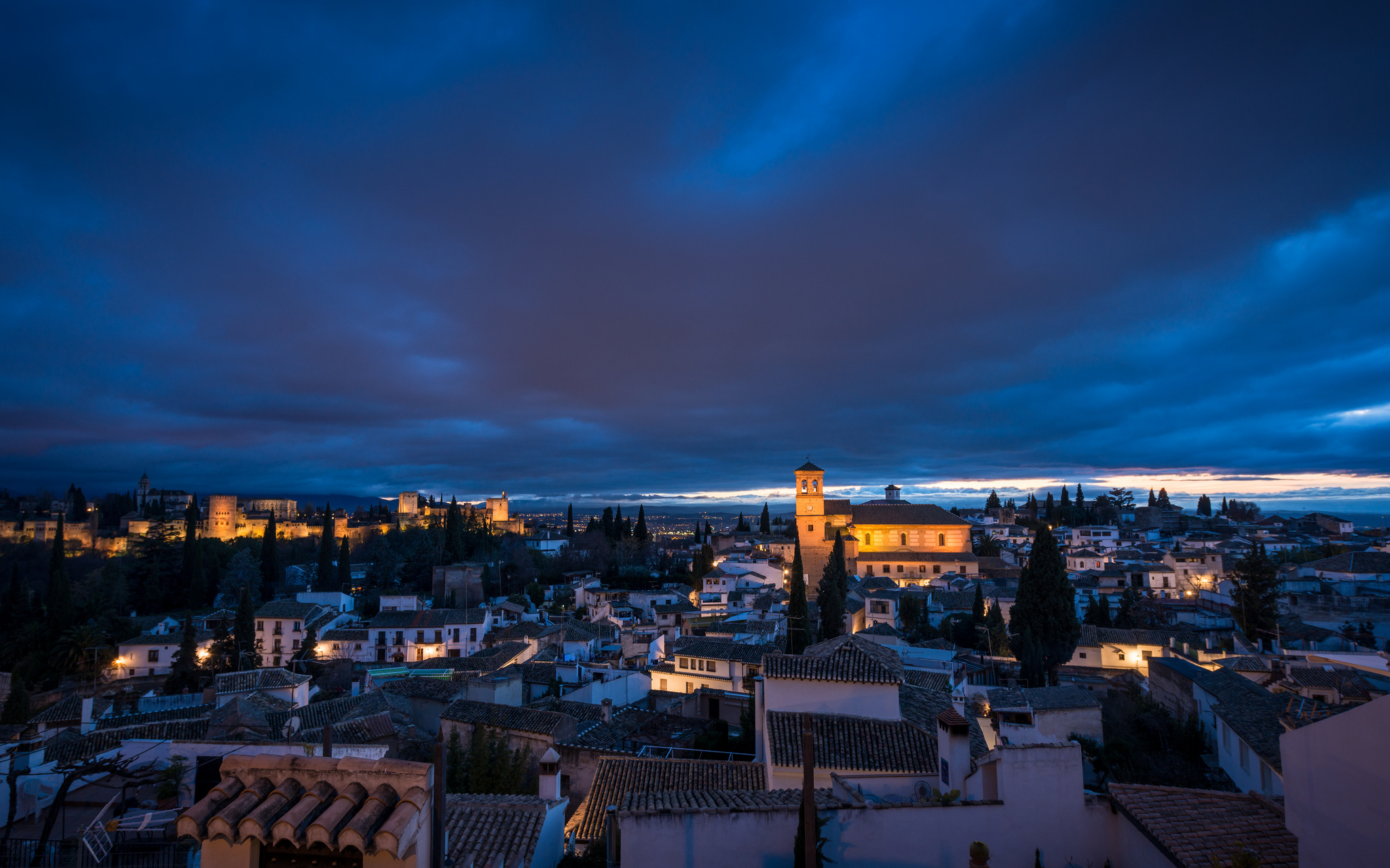 spain, Granada, Province, Architecture, Lighting, Lights, Night, Blue, Sky, Clouds Wallpaper