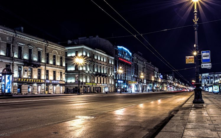 st, , Petersburg, Russia, Night, Lights, Lights, Road, Nevsky, Prospect HD Wallpaper Desktop Background
