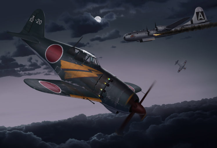 art, Night, Planes, Kawasaki, Ki 100, Japanese, Fighters, Padded, B 29, Military, Battle HD Wallpaper Desktop Background