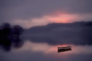 forest, Lake, Boat, Fog, Sunrise, Reflection