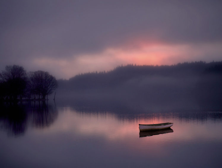 forest, Lake, Boat, Fog, Sunrise, Reflection HD Wallpaper Desktop Background
