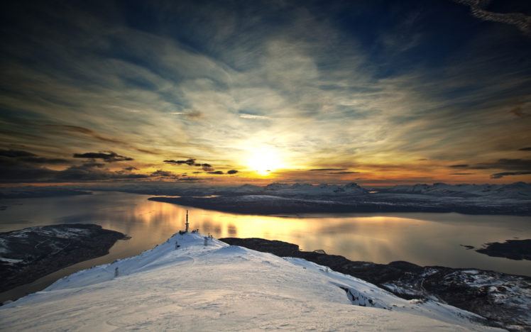 landscape, Sunset, Clouds, Lake, Mountains, Snow, Winter, Reflection HD Wallpaper Desktop Background