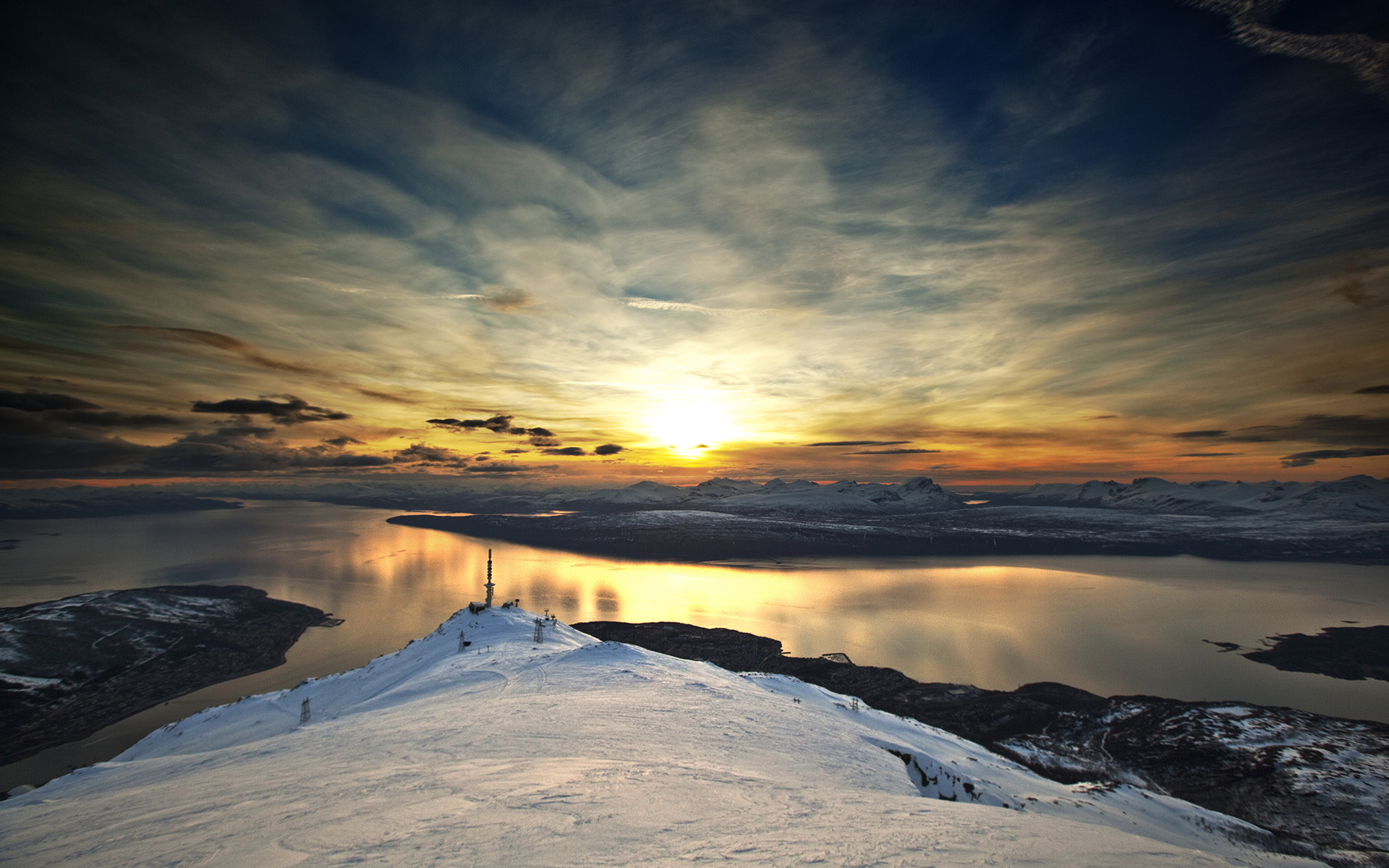 landscape, Sunset, Clouds, Lake, Mountains, Snow, Winter, Reflection Wallpaper