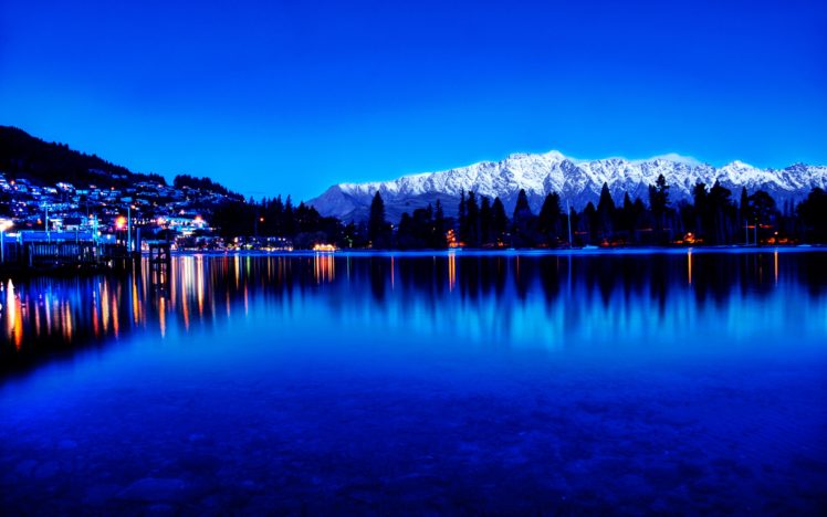 mountains, Pine, Trees, Lake, City, Dusk, Lights, Reflection HD Wallpaper Desktop Background