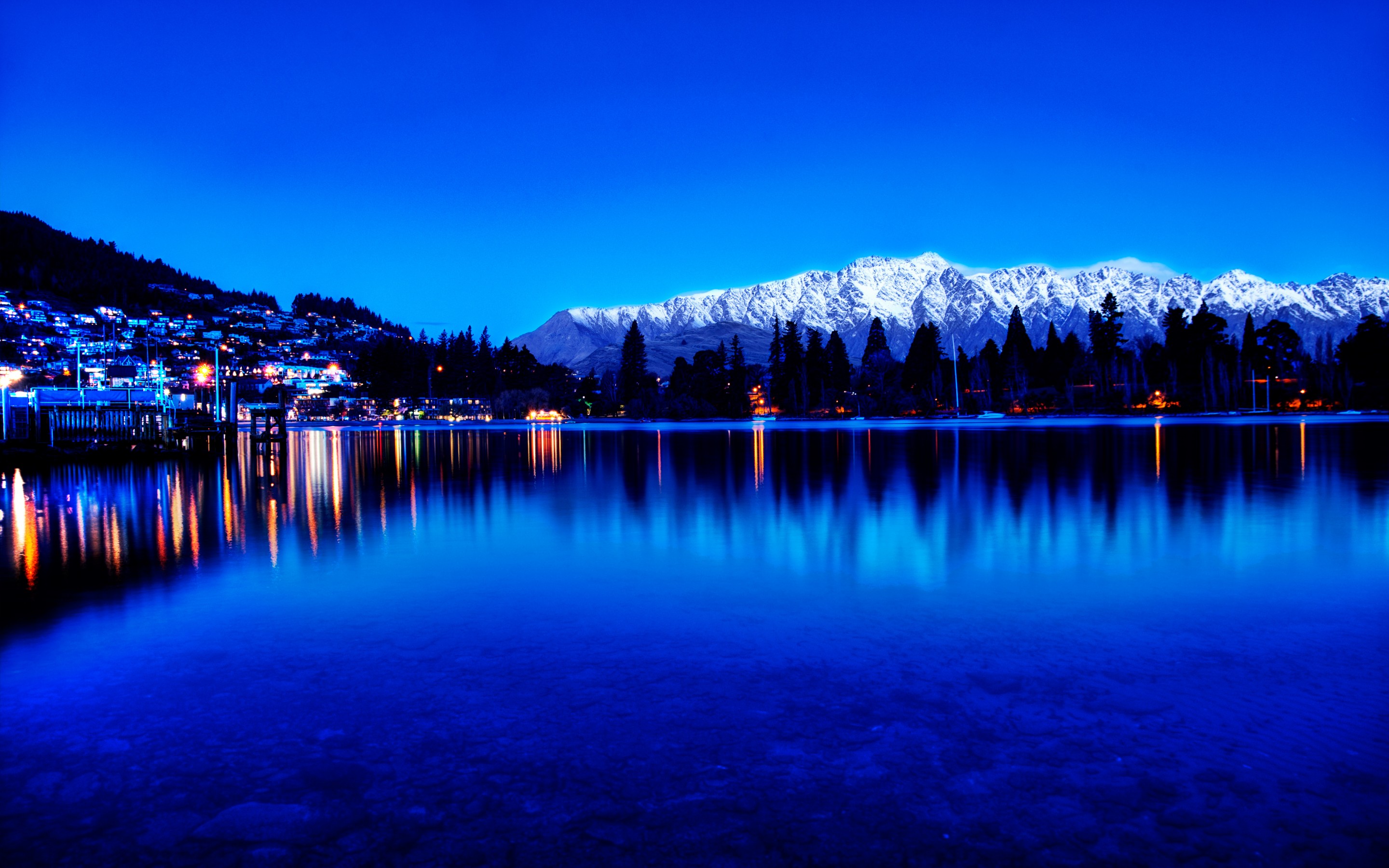 mountains, Pine, Trees, Lake, City, Dusk, Lights, Reflection Wallpaper