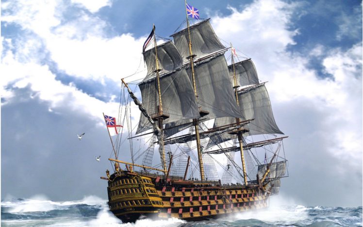ocean, Ships, Britain, Flags, Cannons, British, Sail, Ship, Sails HD Wallpaper Desktop Background