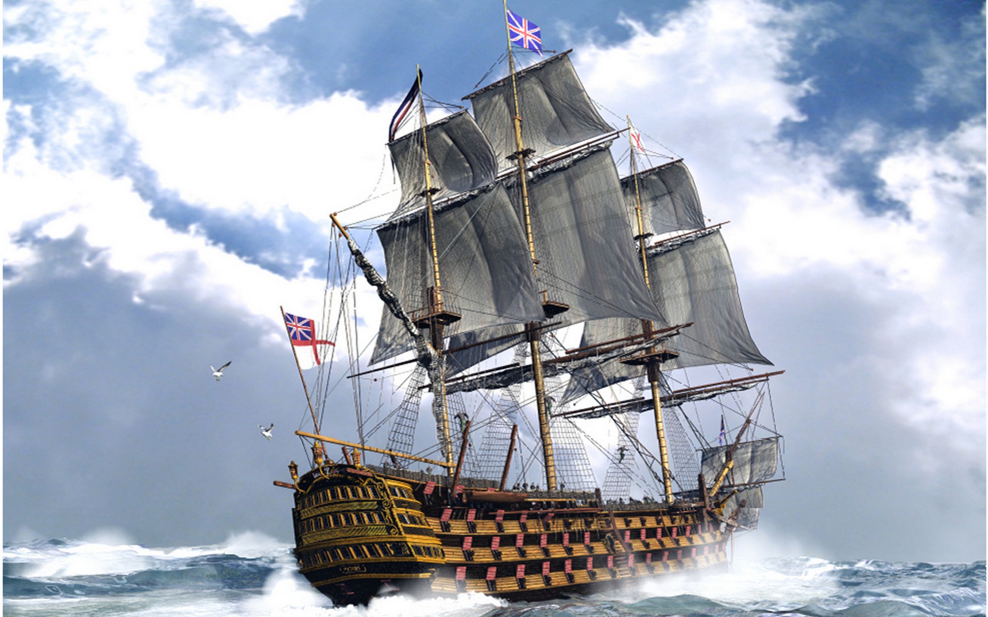 ocean, Ships, Britain, Flags, Cannons, British, Sail, Ship, Sails Wallpaper