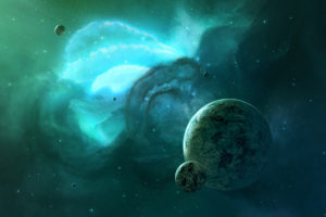 planet, Stars, Green, Nebula
