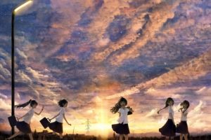 sunset, Clouds, Landscapes, Uniforms, Stars, School, Uniforms, Black, Eyes, Thigh, Highs, Scenic, Anime, Bags, Anime, Girls, Cloud, Black, Hair, Lampard