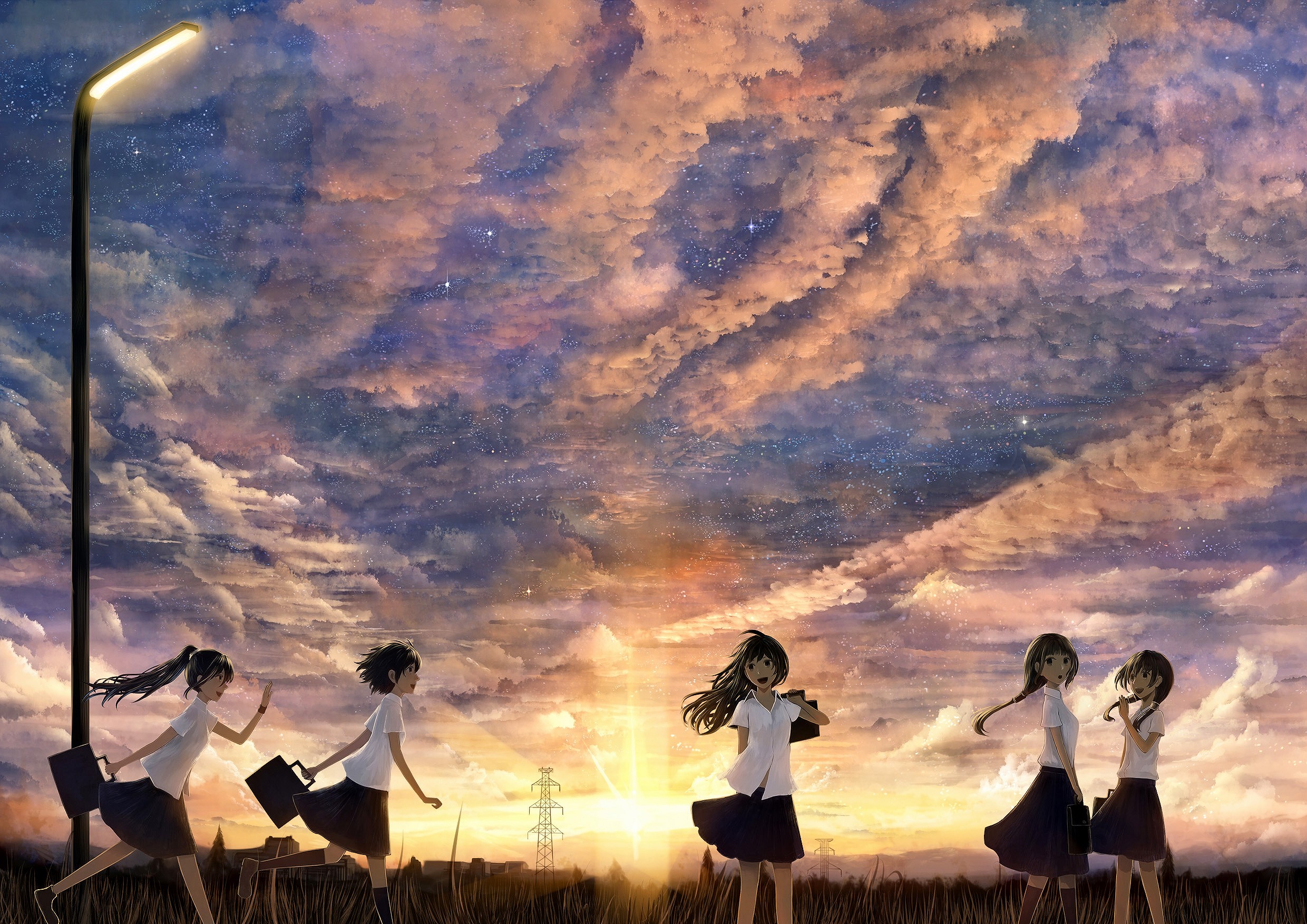 sunset, Clouds, Landscapes, Uniforms, Stars, School, Uniforms, Black, Eyes, Thigh, Highs, Scenic, Anime, Bags, Anime, Girls, Cloud, Black, Hair, Lampard Wallpaper