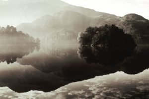 water, Mountains, Trees, Fog, Outdoors, Grayscale, Lakes, Reflections