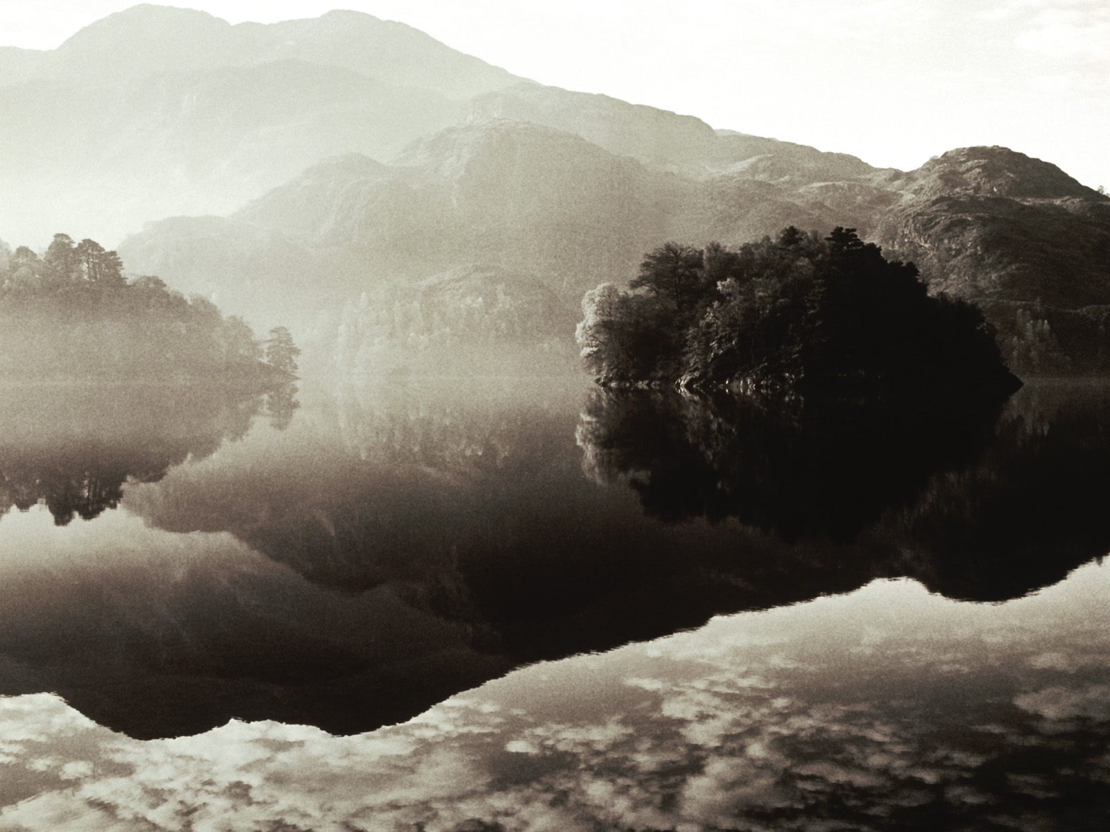 water, Mountains, Trees, Fog, Outdoors, Grayscale, Lakes, Reflections Wallpaper