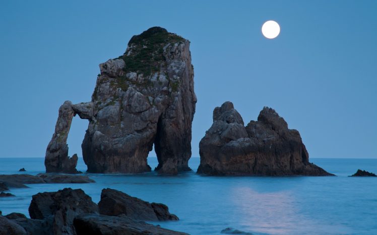 ocean, Landscapes, Night, Moon, Rocks, Moonlight HD Wallpaper Desktop Background