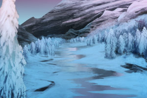 art, Mountains, Winter, River, Trees, Ice, Snow, Painting