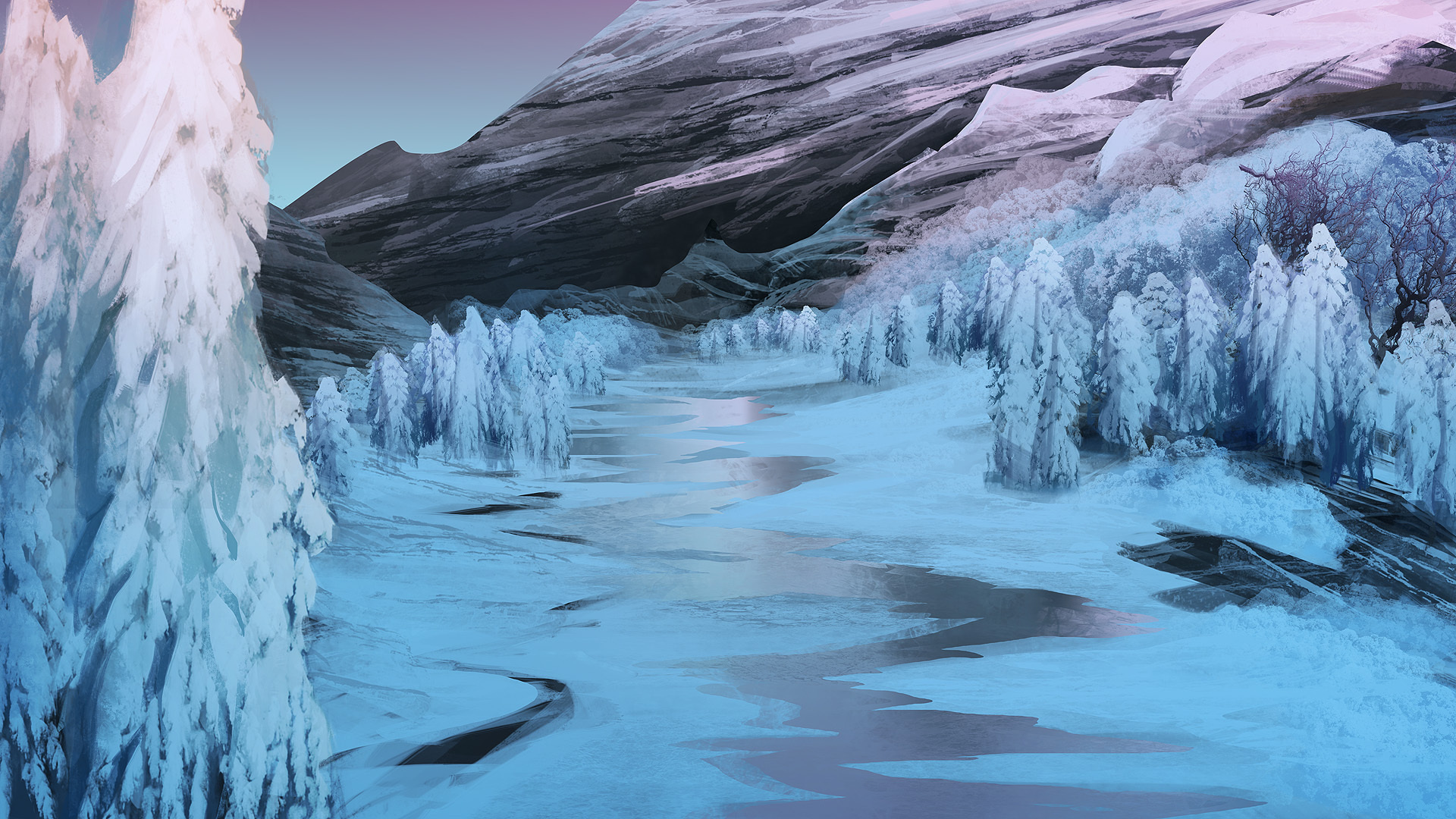 art, Mountains, Winter, River, Trees, Ice, Snow, Painting Wallpapers HD / D...