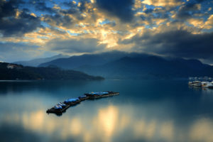 bay, Boats, Mountains, Steam, Clouds, Sky, Reflection