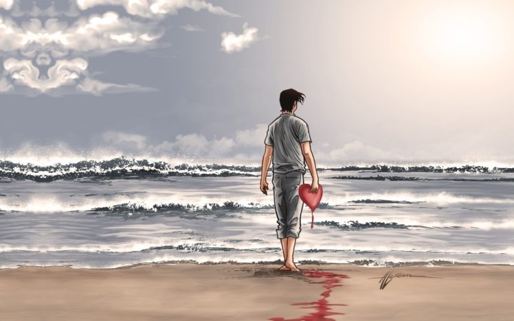 beach, Clouds, Water, Sky, Beach, Boy, Heart, Ocean, Mood, Art, Blood HD Wallpaper Desktop Background