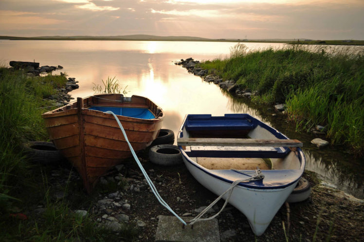 boat, Clouds, Sunset, Evening, Lake, Bokeh HD Wallpaper Desktop Background
