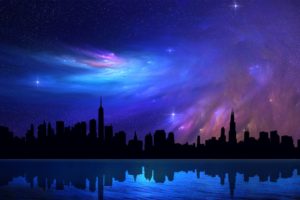 chicago, Skyscrapers, Sky, Skyscrapers, Abstraction, Stars, Night, Reflection, Beautiful, Dreamy, Nebula