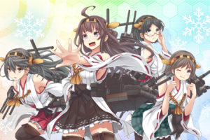 kantai, Collection, Black, Hair, Blue, Eyes, Brown, Eyes, Brown, Hair, Glasses, Group, Headband, Hiei,  kancolle , Japanese, Clothes, Purple, Eyes, Thighhighs, V mag, Weapon, Wink