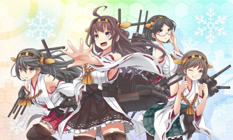 kantai, Collection, Black, Hair, Blue, Eyes, Brown, Eyes, Brown, Hair, Glasses, Group, Headband, Hiei,  kancolle , Japanese, Clothes, Purple, Eyes, Thighhighs, V mag, Weapon, Wink HD Wallpaper Desktop Background
