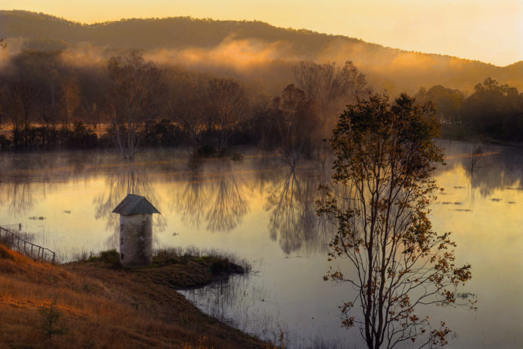 lake, Hills, Morning, Autumn, Forest, Fog, Reflection HD Wallpaper Desktop Background