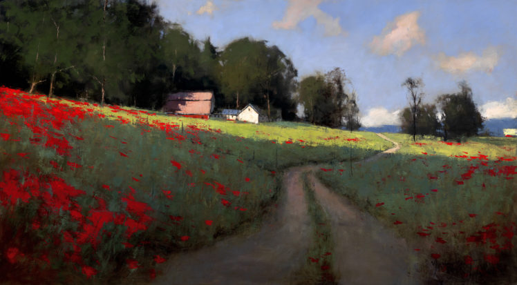landscape, Art, Painting, Romona, Youngquist, Field, Poppies, Summer, Road, Track, Trail, Trees, Sky, Clouds, Houses, Village HD Wallpaper Desktop Background