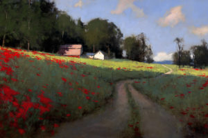 landscape, Art, Painting, Romona, Youngquist, Field, Poppies, Summer, Road, Track, Trail, Trees, Sky, Clouds, Houses, Village
