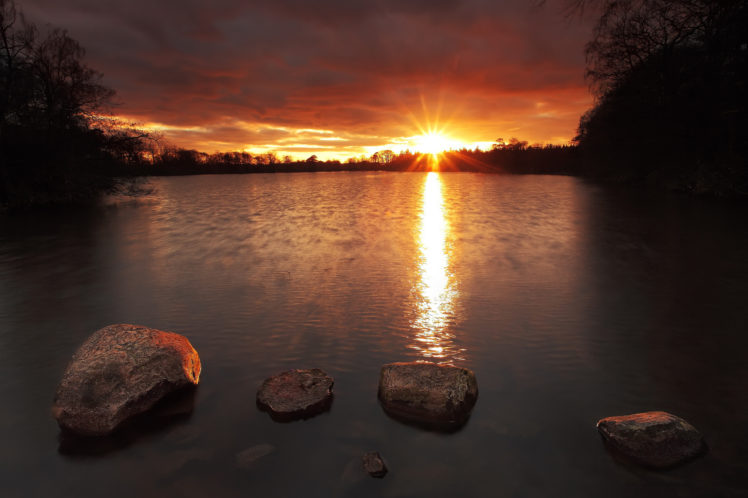 morning, Forest, Sunrise, Lake, Rocks, Reflection HD Wallpaper Desktop Background
