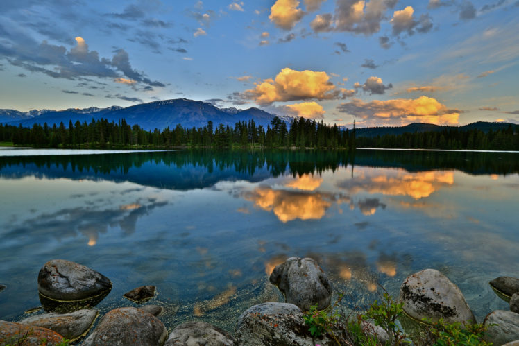 mountain, Forest, Lake, Rocks, Dawn HD Wallpaper Desktop Background