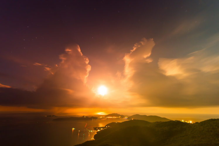 mountains, Bay, Islands, Sun, Clouds, Evening, Sunset, Lights, Sky HD Wallpaper Desktop Background