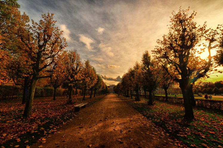 park, Alley, Evening, Autumn, Bench HD Wallpaper Desktop Background
