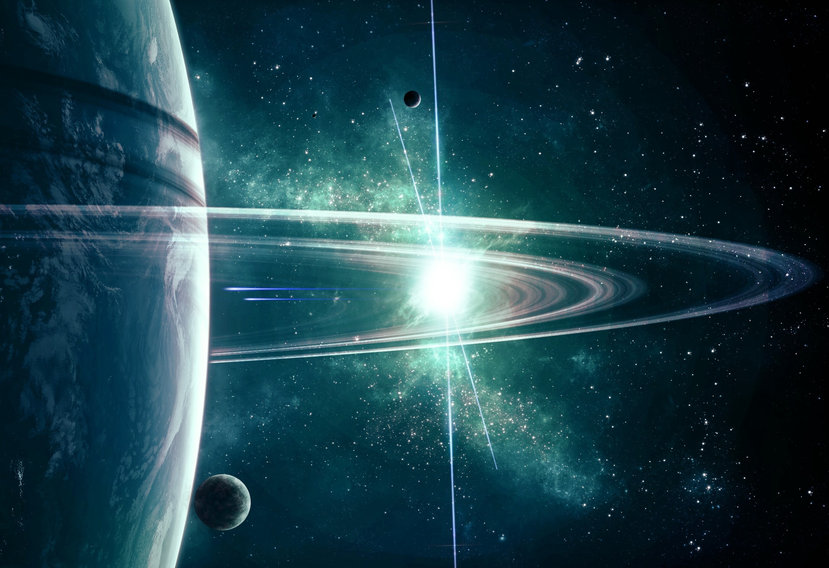 planet, Rings, Stars, Space, Spaceship Wallpaper