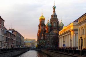 st, , Petersburg, Russia, Quay, Boat, River, Houses, Buildings, The, Cathedral, Of, The, Savior, On, Spilled, Blood
