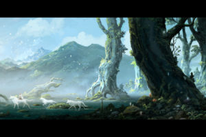 mononoke, Hime, Animal, Bird, Clouds, Forest, Grass, Mononoke, Hime, San, Scenic, Signed, Sky, Tree, Water, Wolf, Yuan