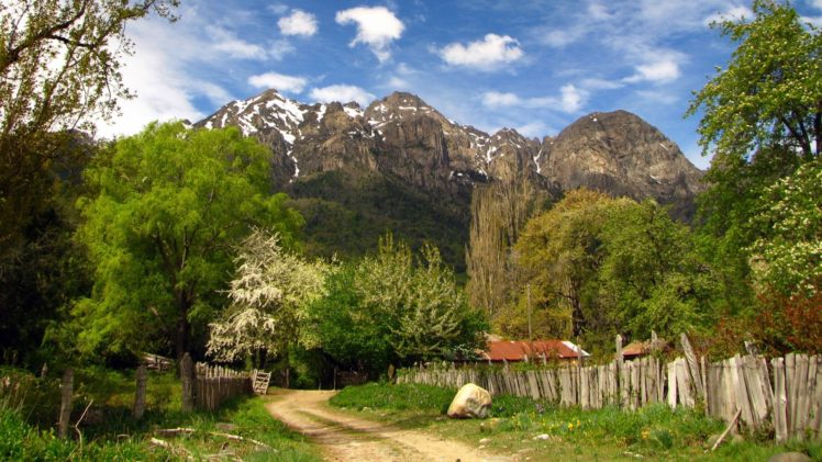 green, Chile, Mountains, Clouds, Landscapes, Nature, Trees, Grass, Houses, Roads, National, Park, Skies HD Wallpaper Desktop Background