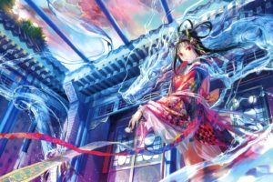 water, Dragons, Ribbons, Fuji, Choko, Anime, Girls, Original, Characters