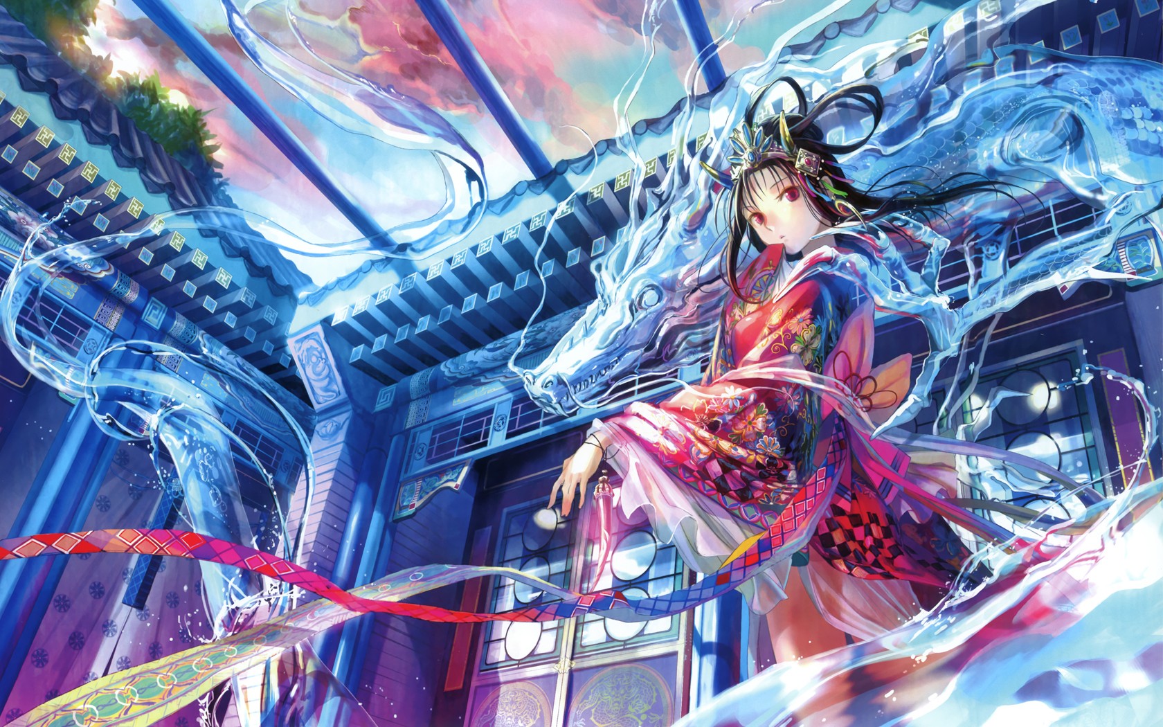 water, Dragons, Ribbons, Fuji, Choko, Anime, Girls, Original, Characters Wallpaper