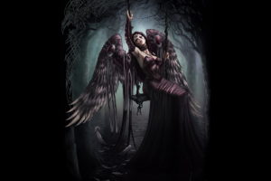 wings, Trees, Feathers, Gothic, Fantasy, Art, Swings, Steve, Argyle, Black, Background, Lace, Gloves, Gowns
