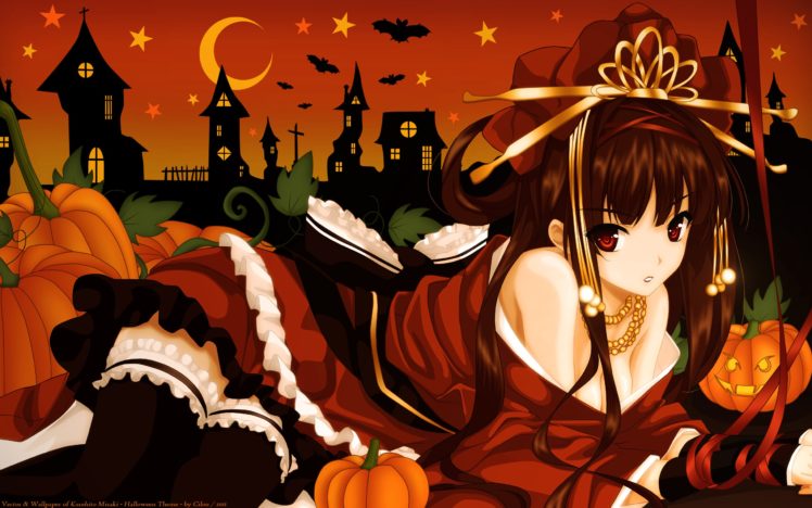 brunettes, Dress, Night, Halloween, Red, Eyes, Thigh, Highs, Anime, Misaki, Kurehito, Anime, Girls, Pumpkins HD Wallpaper Desktop Background