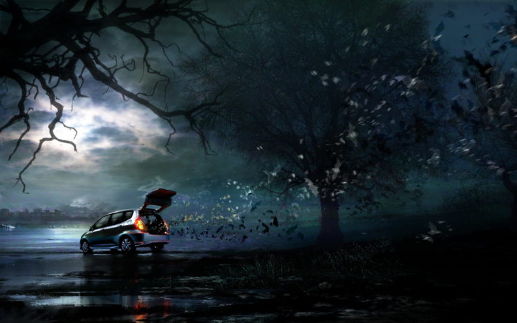 trees, Night, Honda, Cars, Advertisement, Artwork, Vehicles, Bats, Daniel, Dociu HD Wallpaper Desktop Background