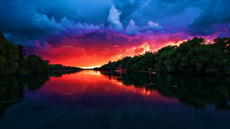 water, Clouds, Landscapes, Trees, Storm, Lightning HD Wallpaper Desktop Background