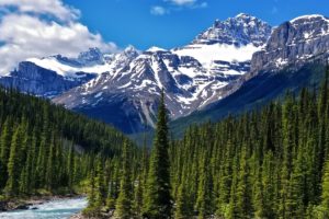 green, Water, Mountains, Clouds, Landscapes, Nature, Snow, Trees, White, Forests, Canada, Alberta, Rivers, National, Park, Light, Blue, Canadian, Rockies