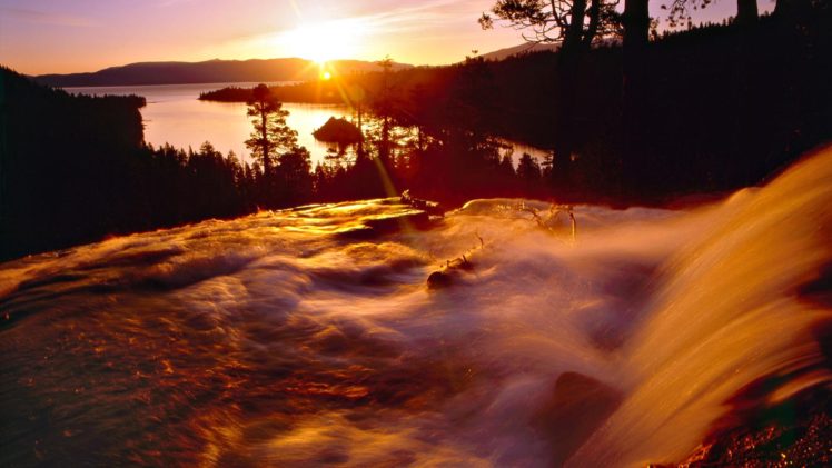 sunset, Mountains, Waterfalls HD Wallpaper Desktop Background