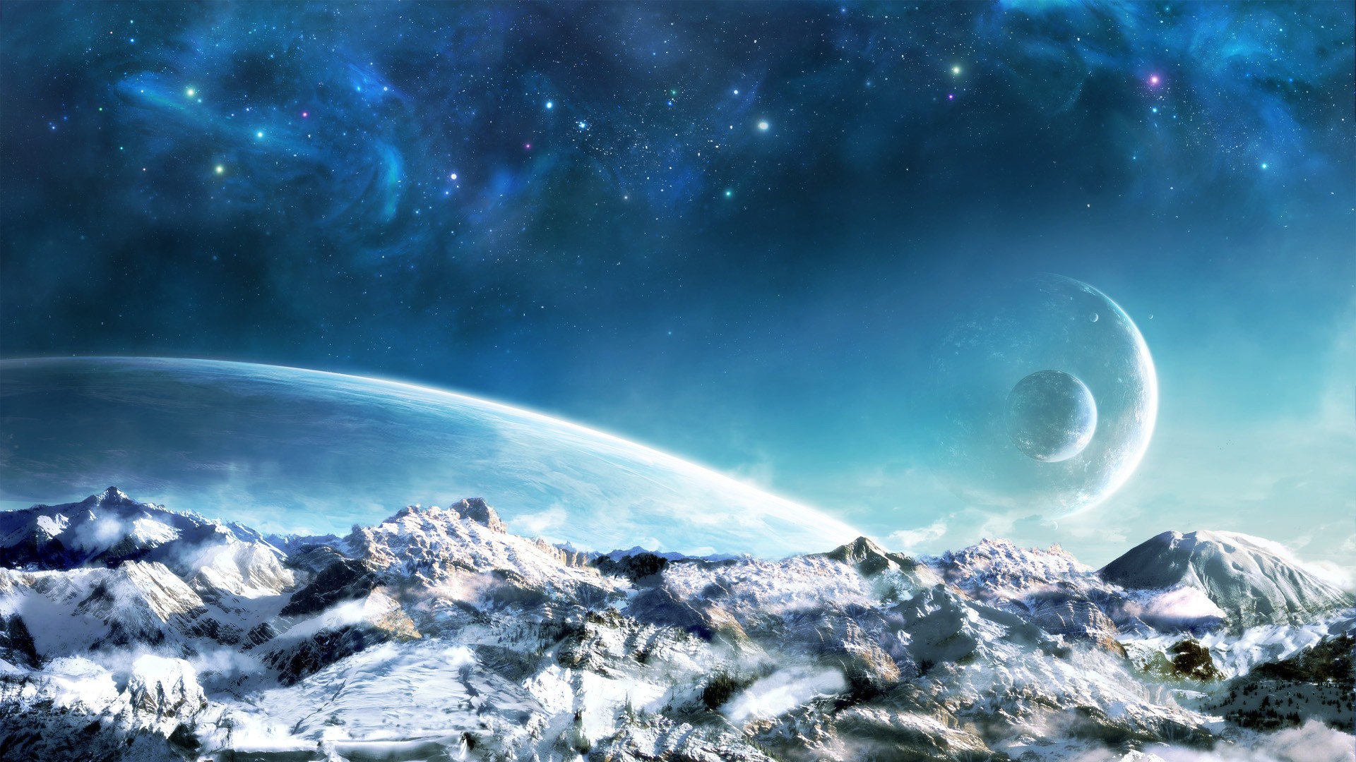 mountains, Landscapes, Snow, Outer, Space, Stars, Planets, Rise, Sci fi Wallpaper