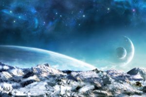 mountains, Landscapes, Snow, Outer, Space, Stars, Planets, Rise, Sci fi