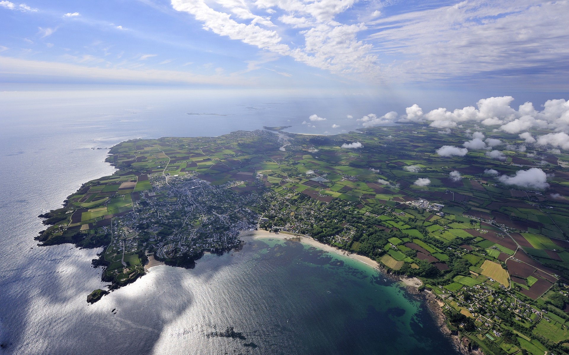 water, Clouds, Nature, Coast, Houses, Fields, Aerial, View, Blue, Skies, Sea Wallpaper