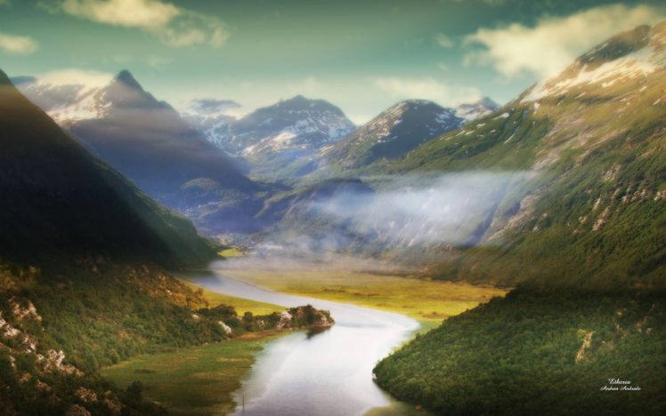 green, Abstract, Mountains, Artwork, Rivers HD Wallpaper Desktop Background