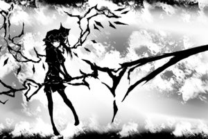 black, And, White, Video, Games, Touhou, Wings, Black, White, Long, Hair, Weapons, Vampires, Crystals, Monochrome, Black, Dress, Spears, Ponytails, Flandre, Scarlet, Hats, Laevateinn, Black, Hair, Side, Ponytail