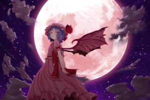 video, Games, Clouds, Touhou, Wings, Dress, Night, Stars, Moon, Purple, Hair, Short, Hair, Bows, Red, Dress, Skyscapes, Pink, Dress, Full, Moon, Remilia, Scarlet